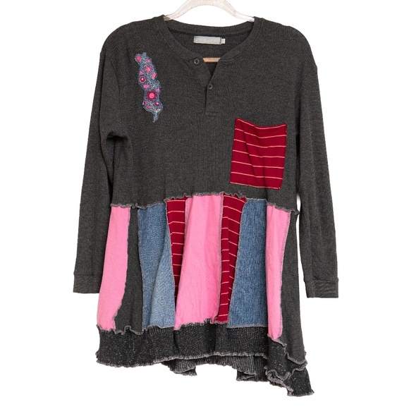 Boutique Patchwork UpCycled Sweater Plus Size XXL - Pink/Red/Denim - S Threads - Picture 1 of 6